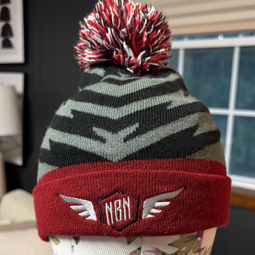 New Balance Kids' Red and Gray Pom-Pom Hat
